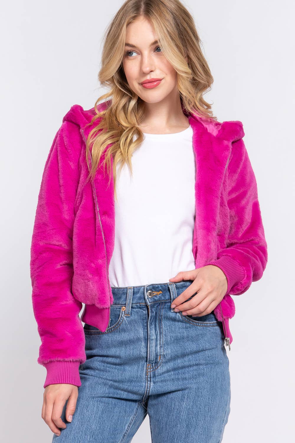 Long Sleeve Zip Up with Hoodie Faux Fur Jacket