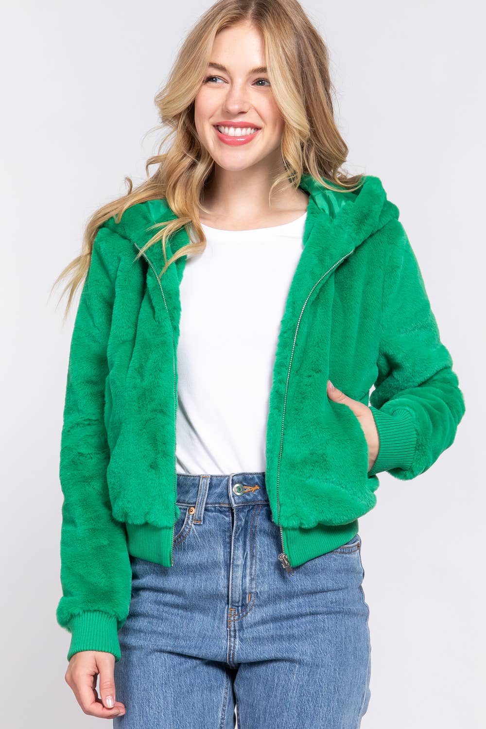 Long Sleeve Zip Up with Hoodie Faux Fur Jacket