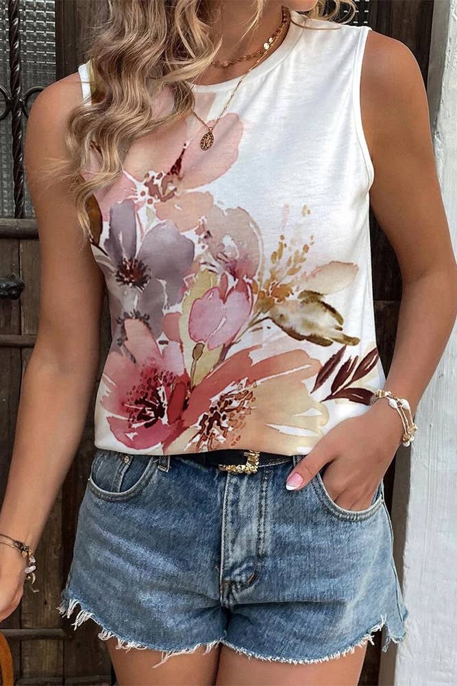 Painted Floral Print Tank Top (pink & brick)