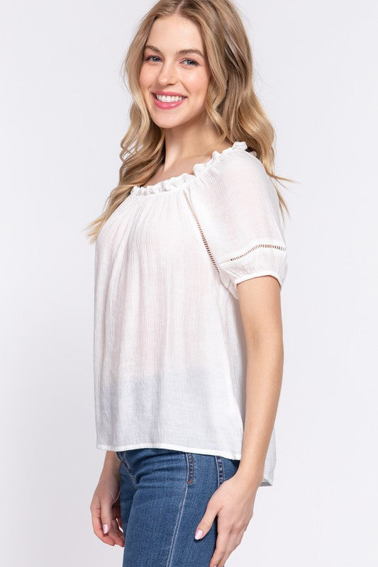 Puff Short Sleeve Round Neck Lace Detail Shirring Woven Top