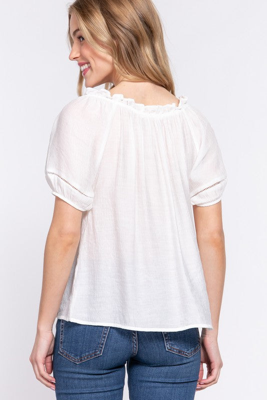 Puff Short Sleeve Round Neck Lace Detail Shirring Woven Top