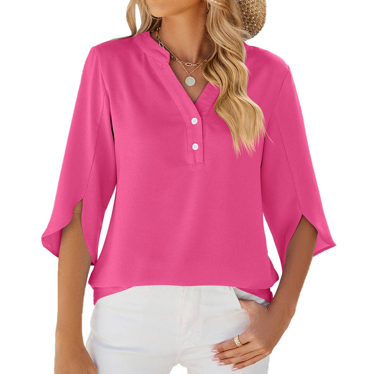 V-neck 3/4 Bell Sleeve Chiffon Top