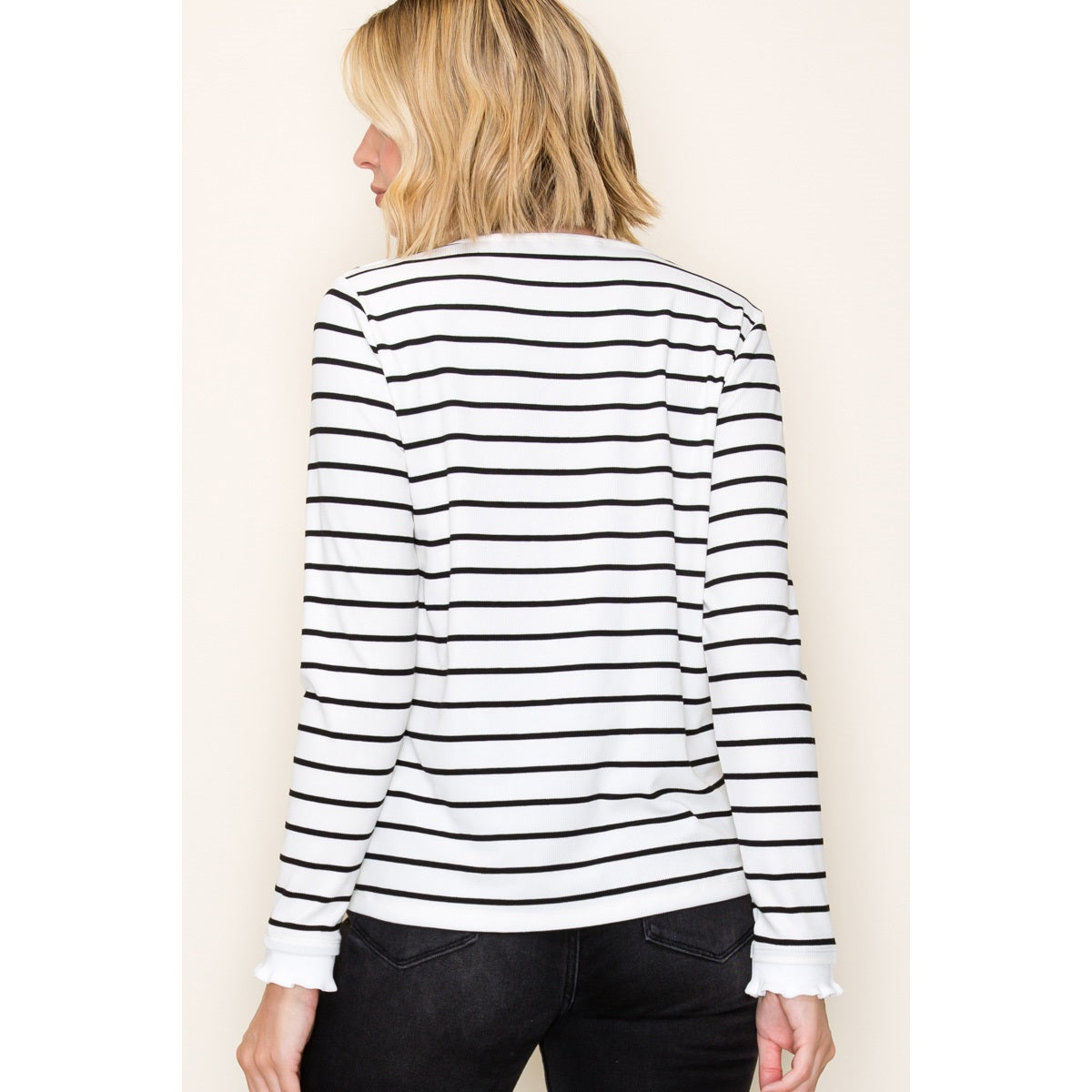 Ruffle Hem Crew Neck Striped Top