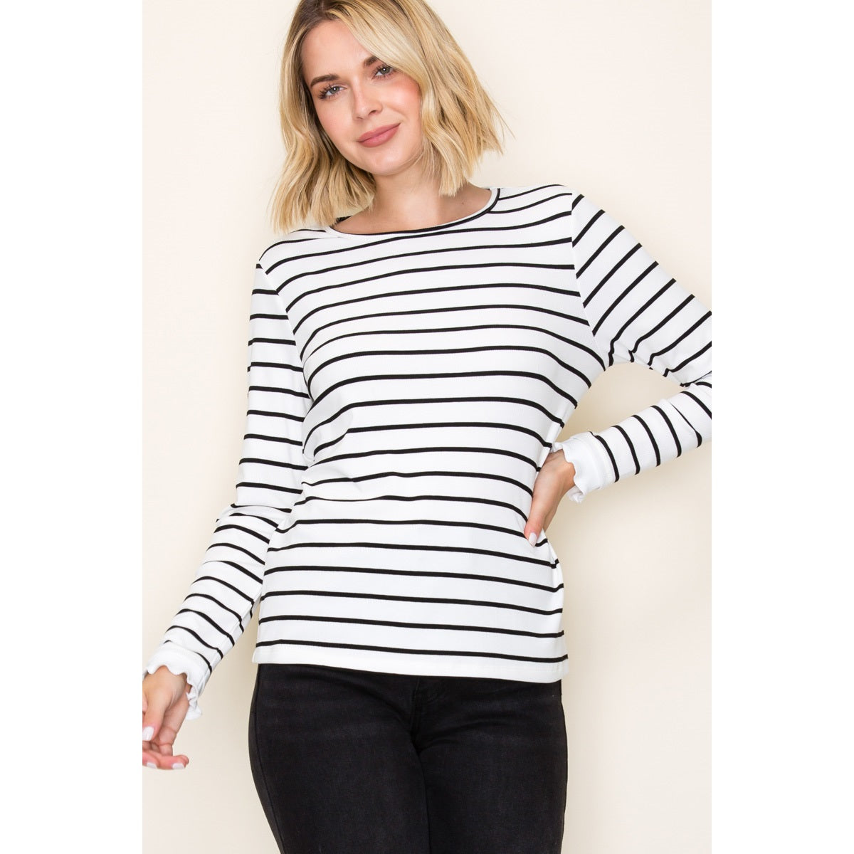Ruffle Hem Crew Neck Striped Top