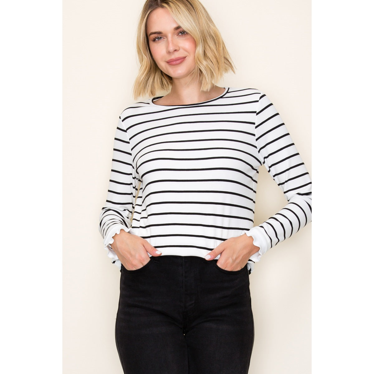Ruffle Hem Crew Neck Striped Top