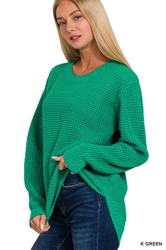 Hi-Low Long Sleeve Round Neck Waffle Sweater