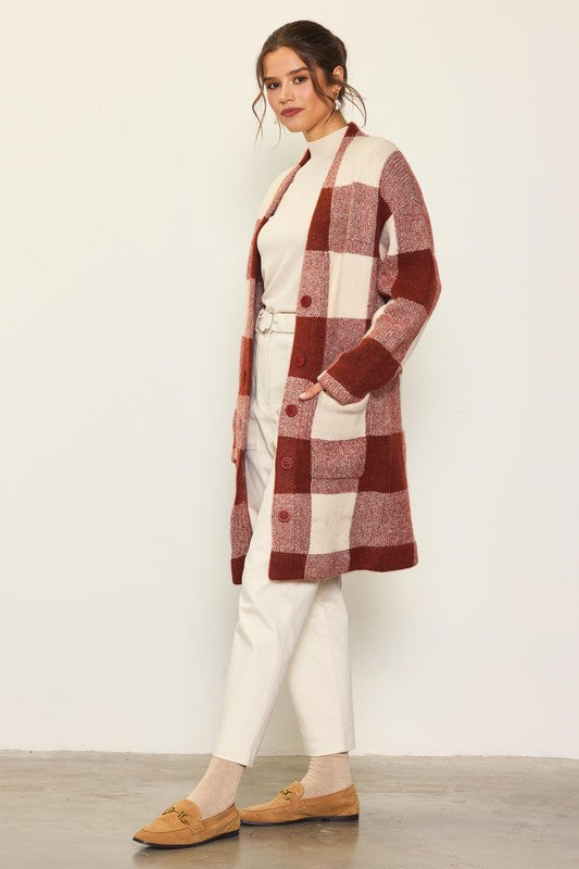 Long Sleeve Buffalo Check Midi Cardigan