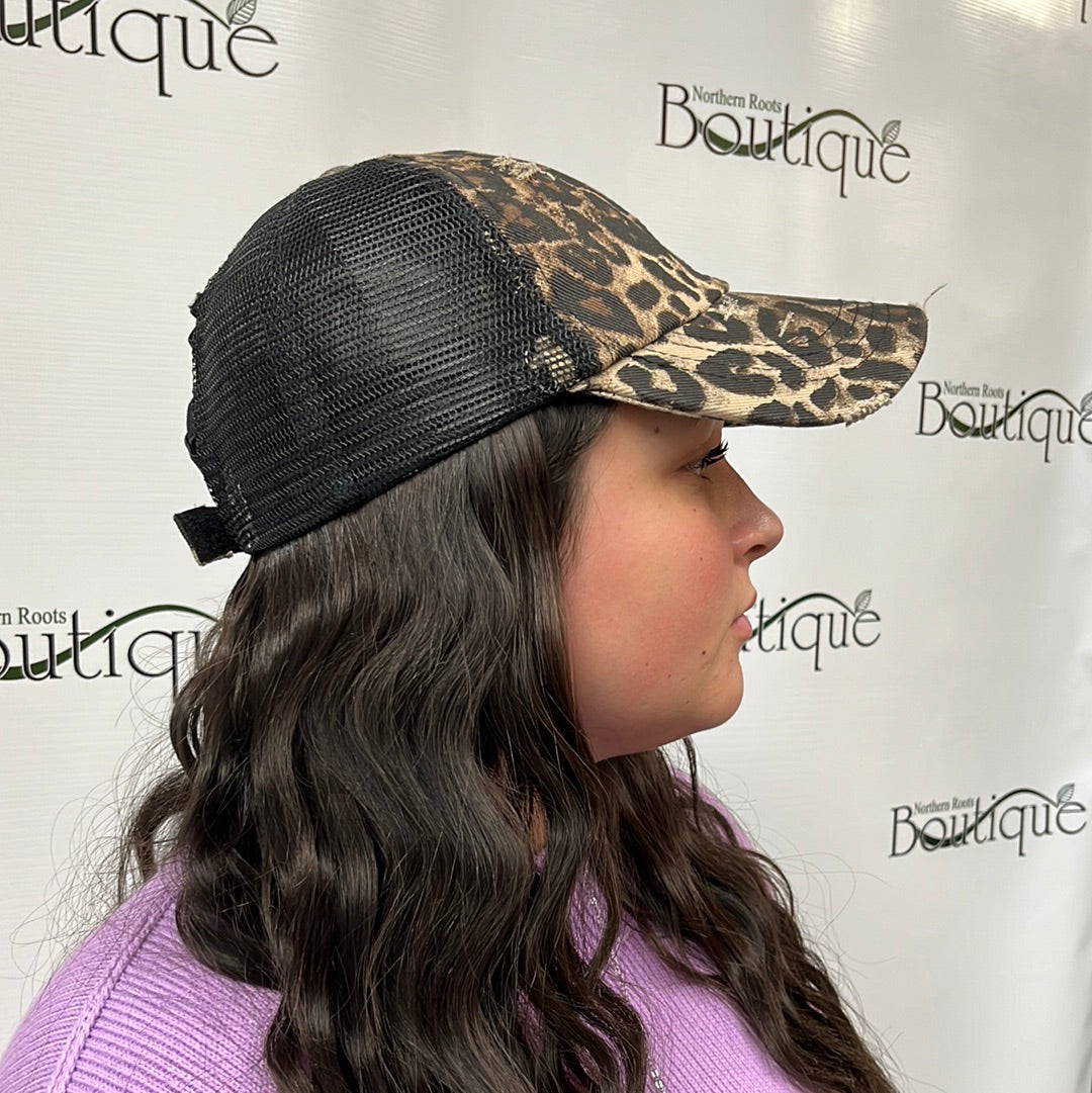 Leopard Baseball Hat w Pony Tail Option