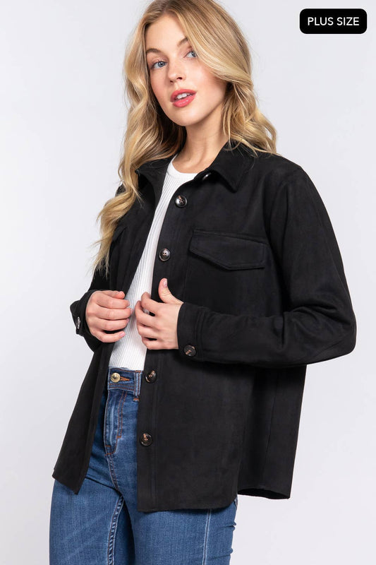 Long Sleeve Loose Fit Faux Suede Shacket (Plus Size)