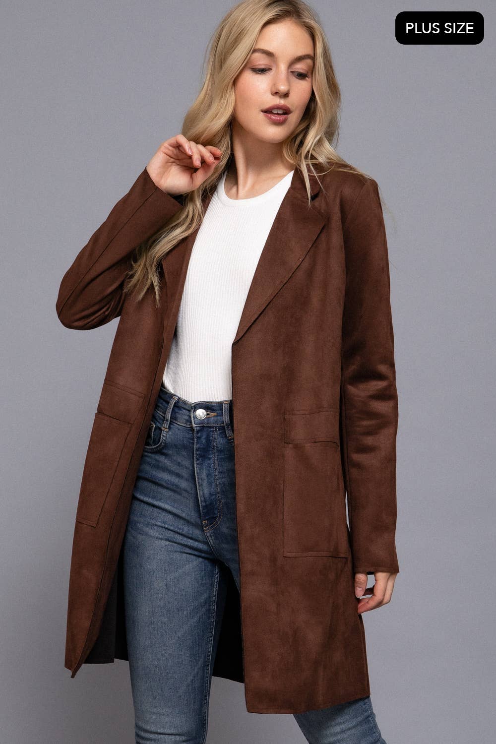 Long Sleeve Open Front Faux Suede Jacket (Plus Size)