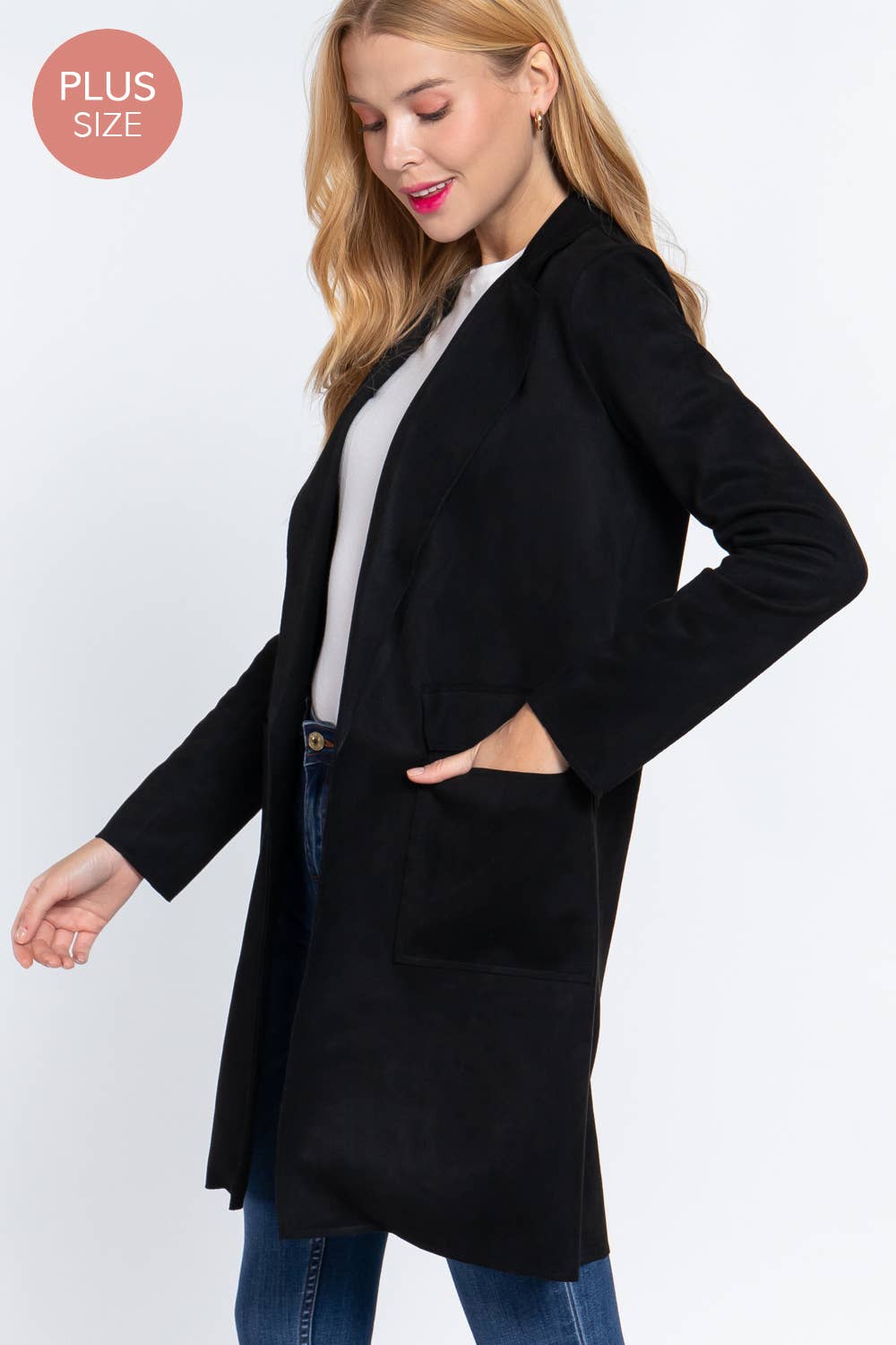 Long Sleeve Open Front Faux Suede Jacket (Plus Size)