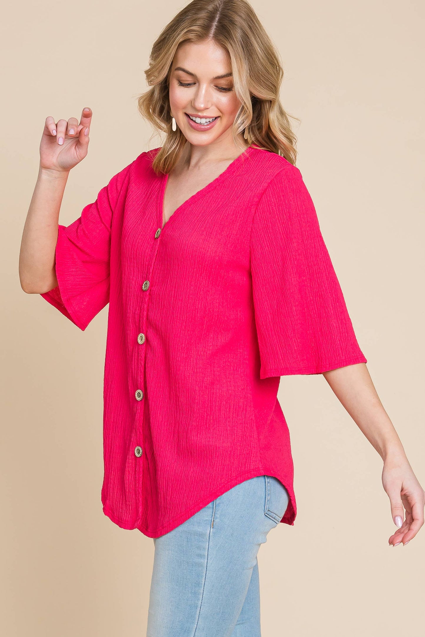 Crinkled Knit Button Up Top