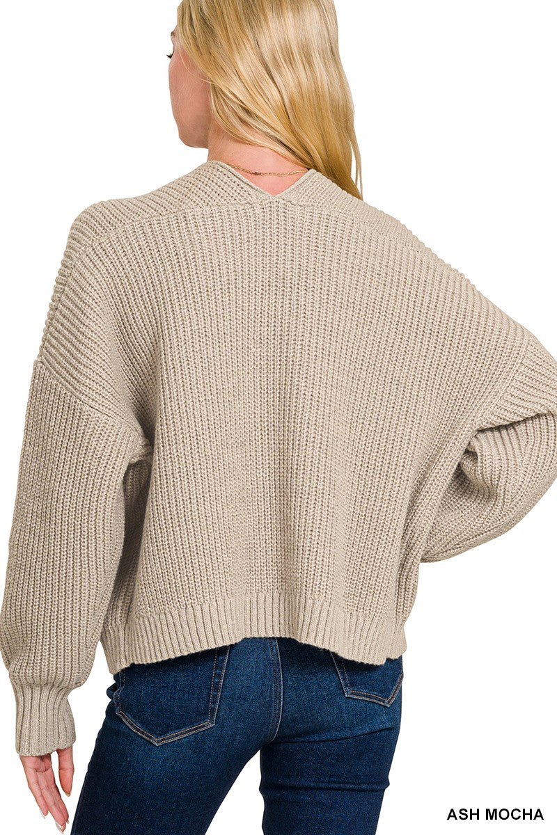 Open Front Drop Shoulder Sweater Cardigan (Ash Mocha)