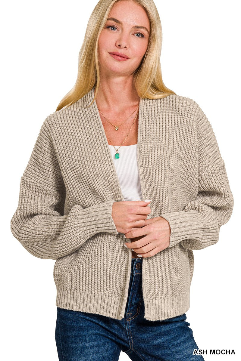 Open Front Drop Shoulder Sweater Cardigan (Ash Mocha)