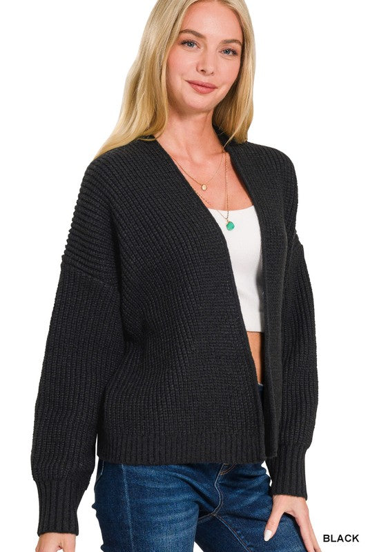 Open Front Drop Shoulder Sweater Cardigan (Black)