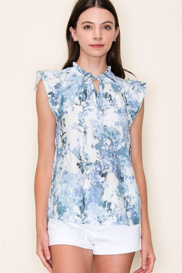 Split V-Keyhole Tie Neck Ruffle Sleeve Print Top
