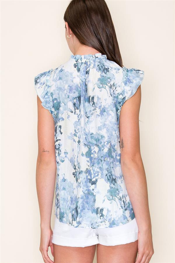Split V-Keyhole Tie Neck Ruffle Sleeve Print Top