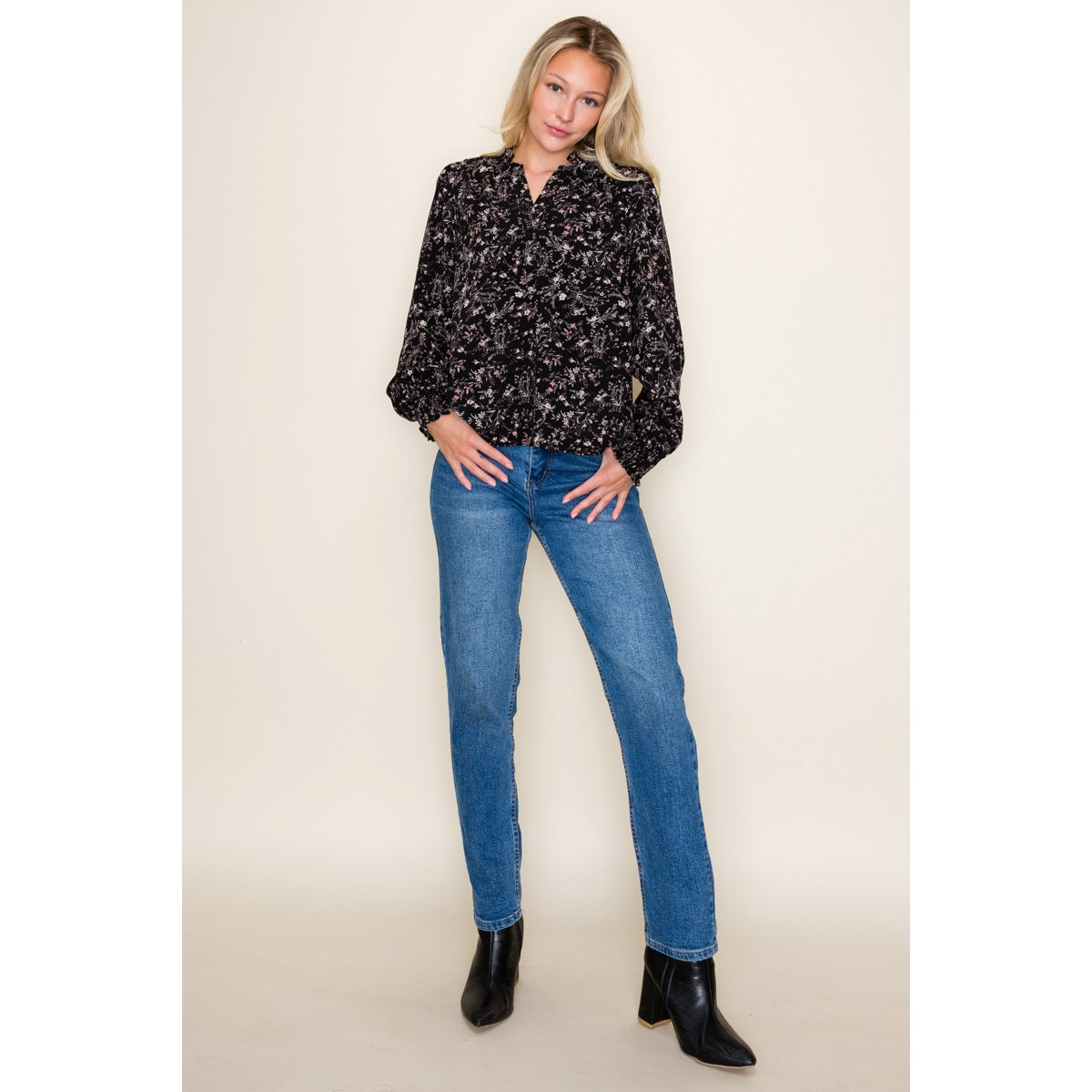 Smocked Hem Floral Print Blouse