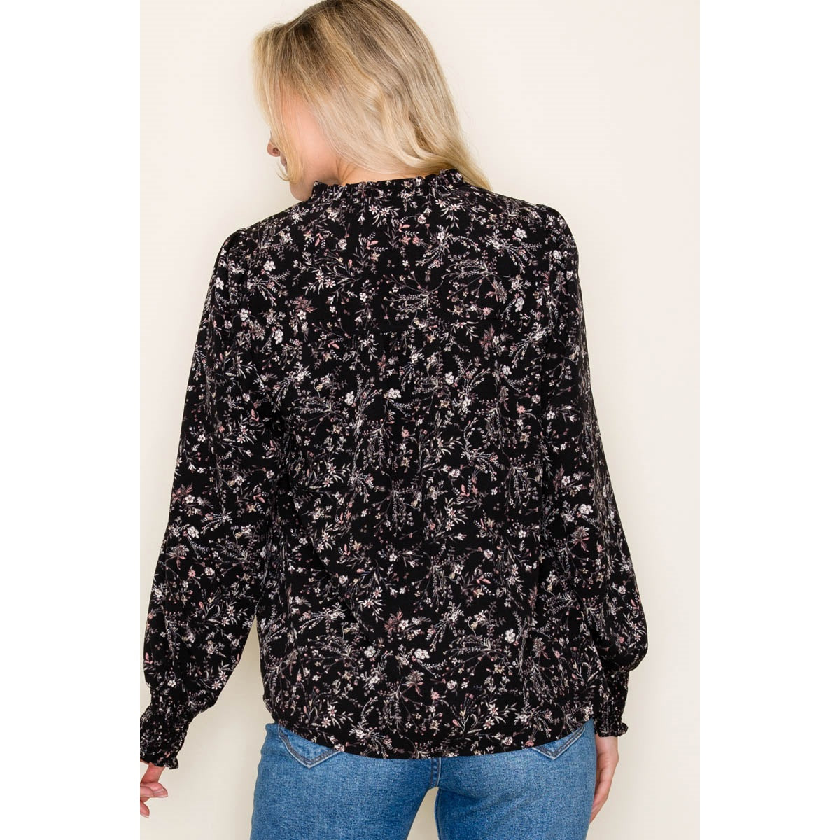 Smocked Hem Floral Print Blouse
