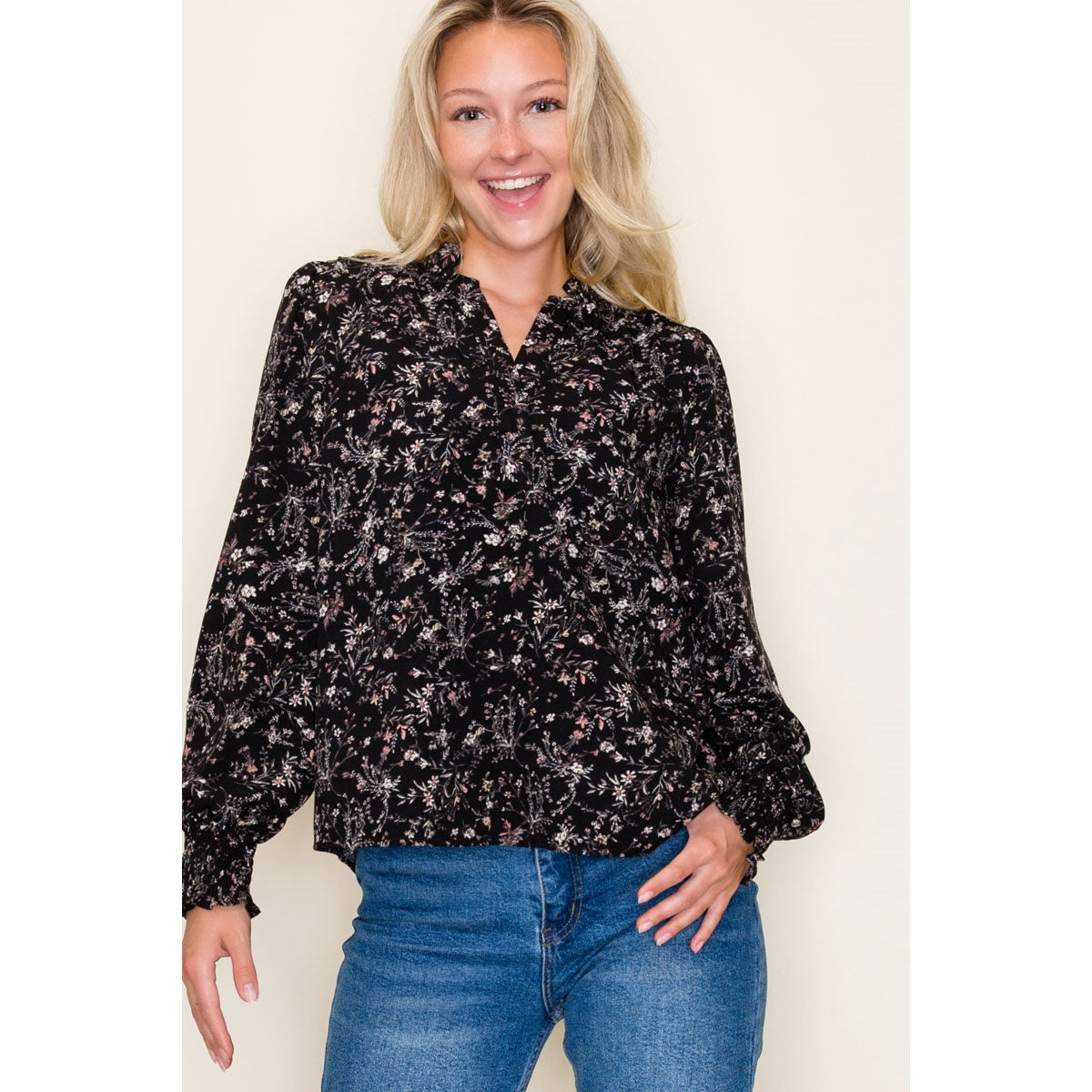 Smocked Hem Floral Print Blouse