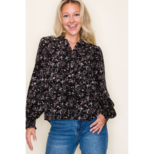 Smocked Hem Floral Print Blouse