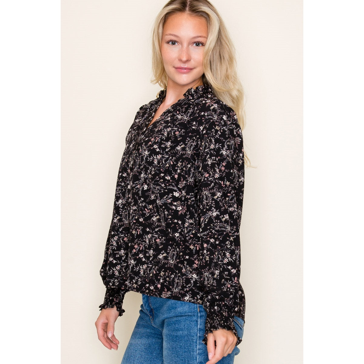 Smocked Hem Floral Print Blouse