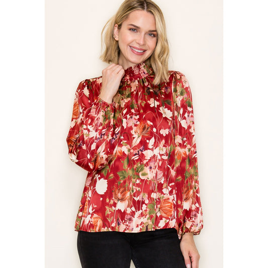 Smocked Mock Neck Long Sleeve, Satin Floral Top