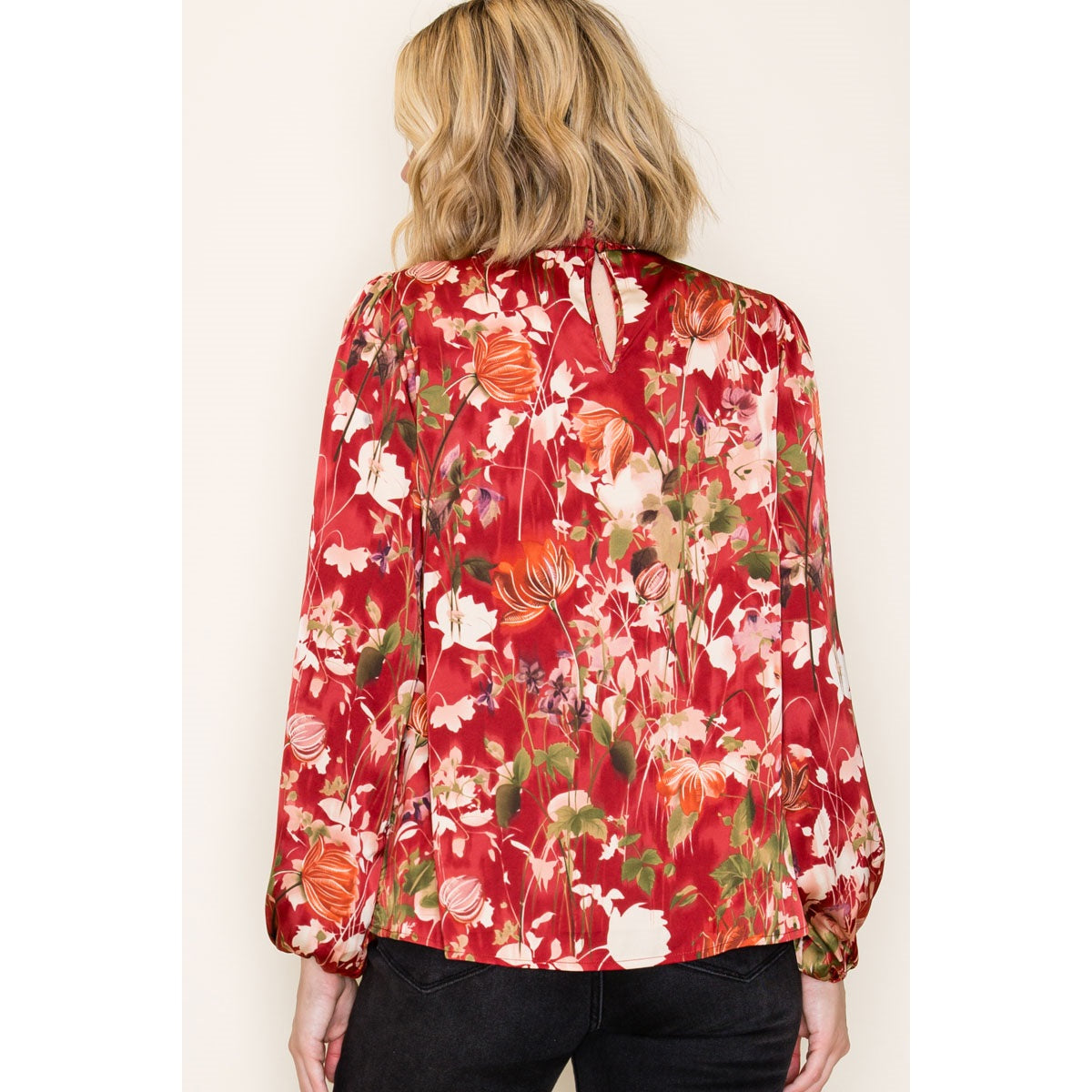 Smocked Mock Neck Long Sleeve, Satin Floral Top