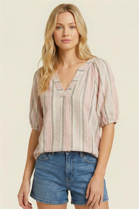 Elbow Sleeve Split Neck Stripe Blouse