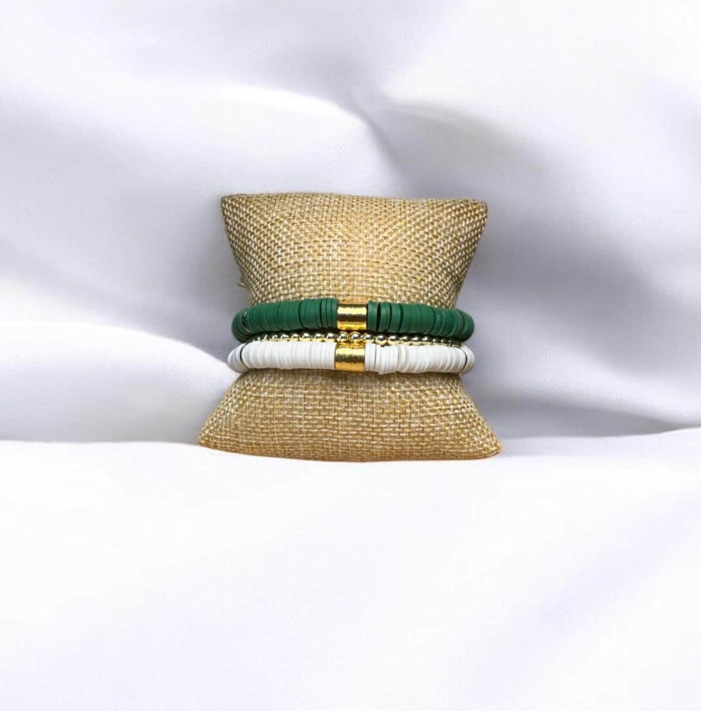 Green and White Game Day Bracelet Stack: Gold (7 inch)