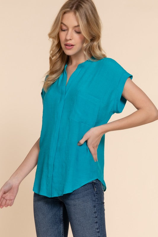 Dolman Sleeve Open Neck with Front Pocket Button Down Woven Top