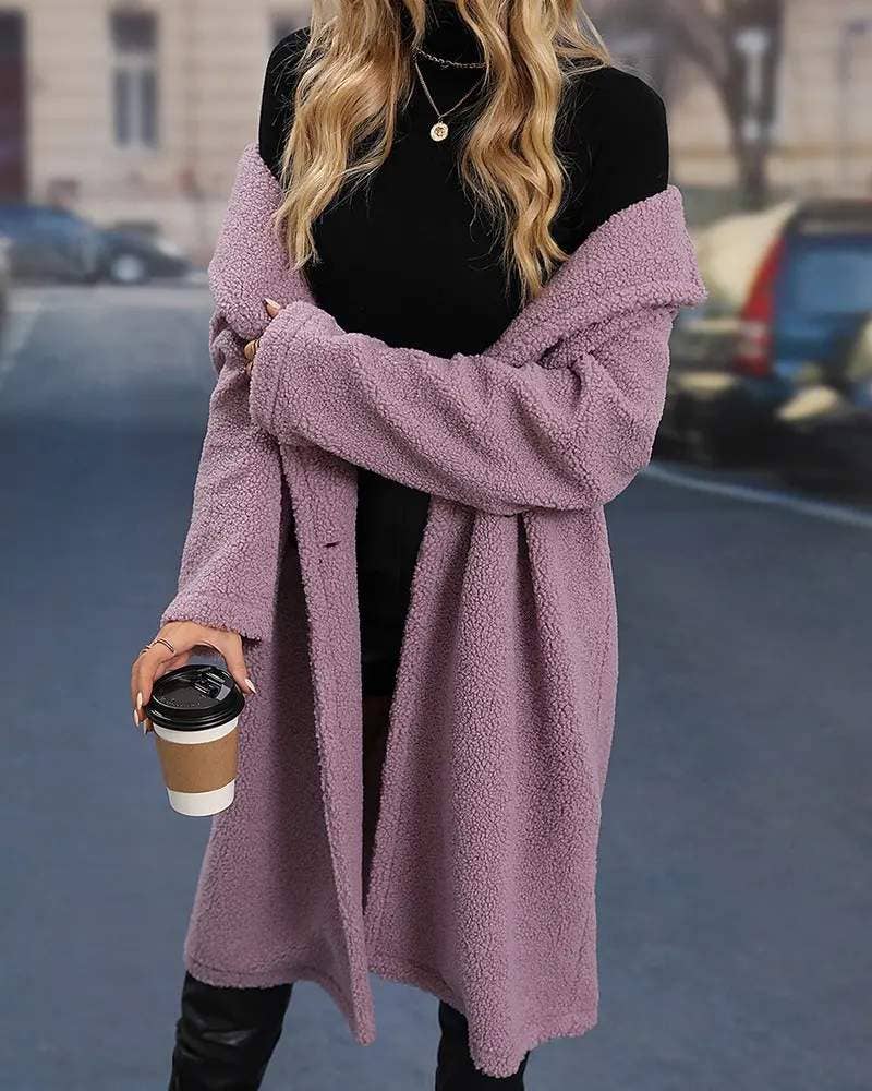 Double Breasted Long Sleeve Fuzzy Overcoat