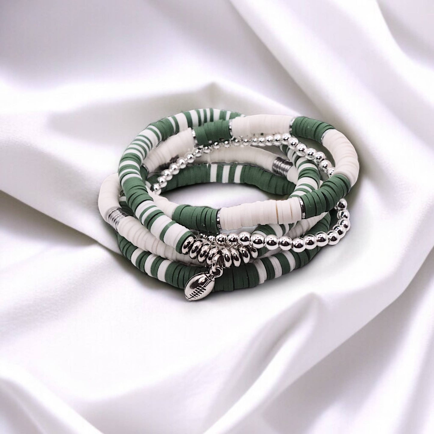 Green and White Game Day Bracelet Stack: Silver (7 inch)