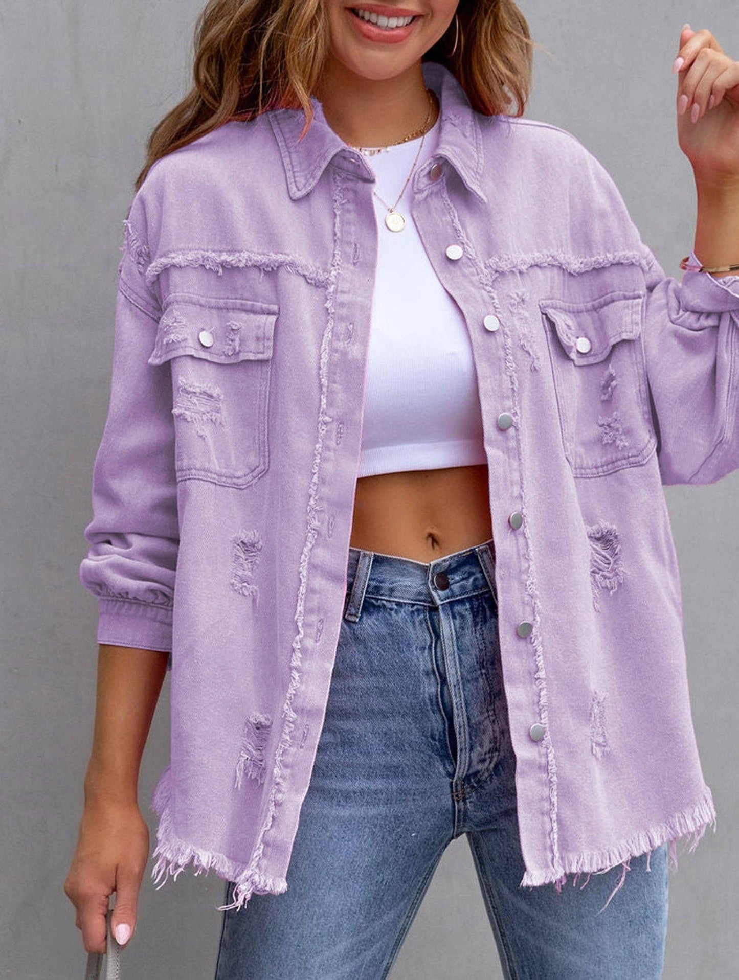 Denim Coat with Lapel and Ripped Raw Edge