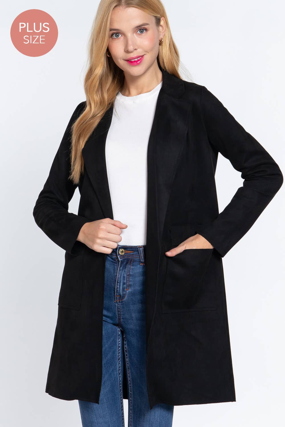 Long Sleeve Open Front Faux Suede Jacket (Plus Size)
