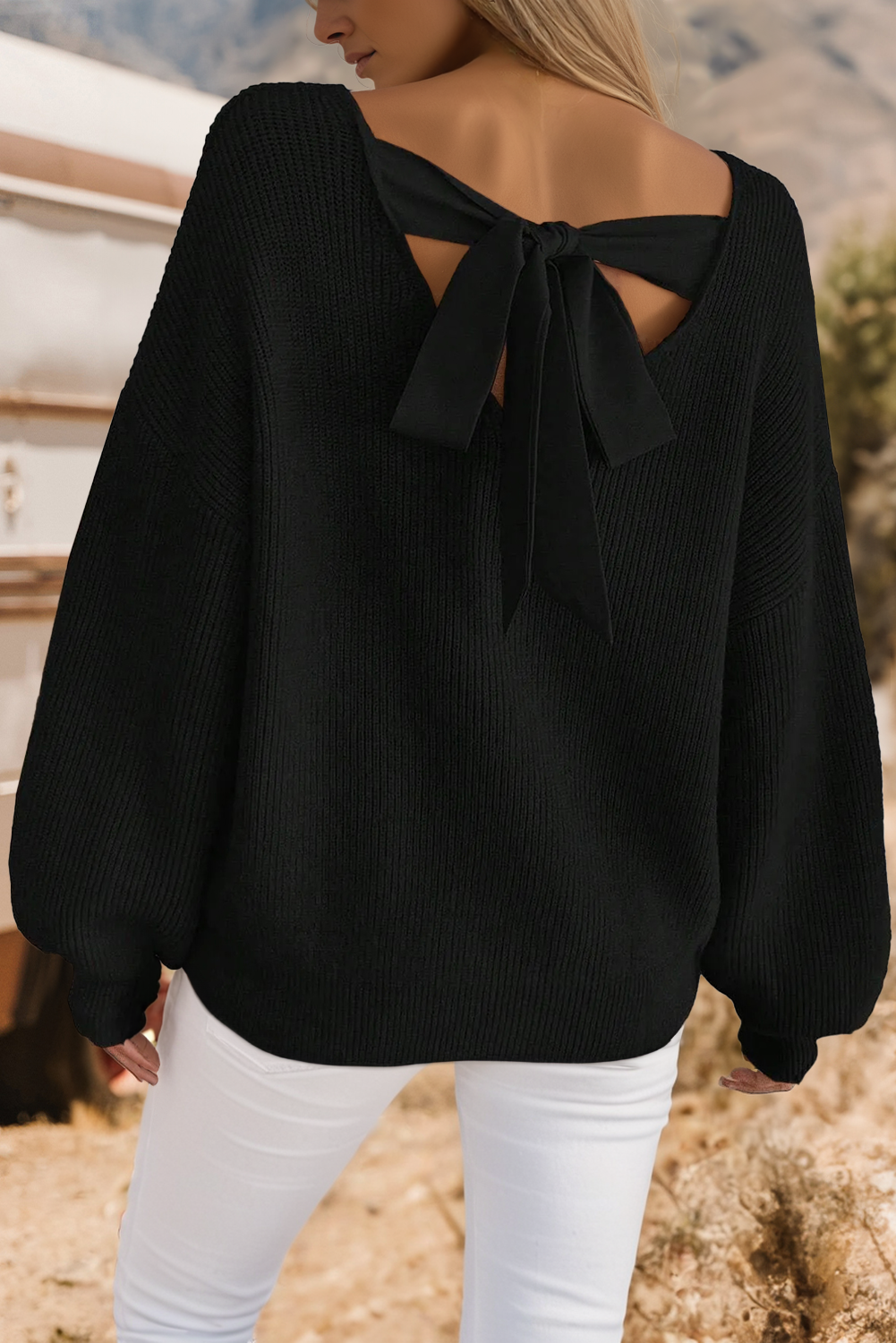Ribbed Knit Contrast Ribbon Knot Drop Shoulder Sweater