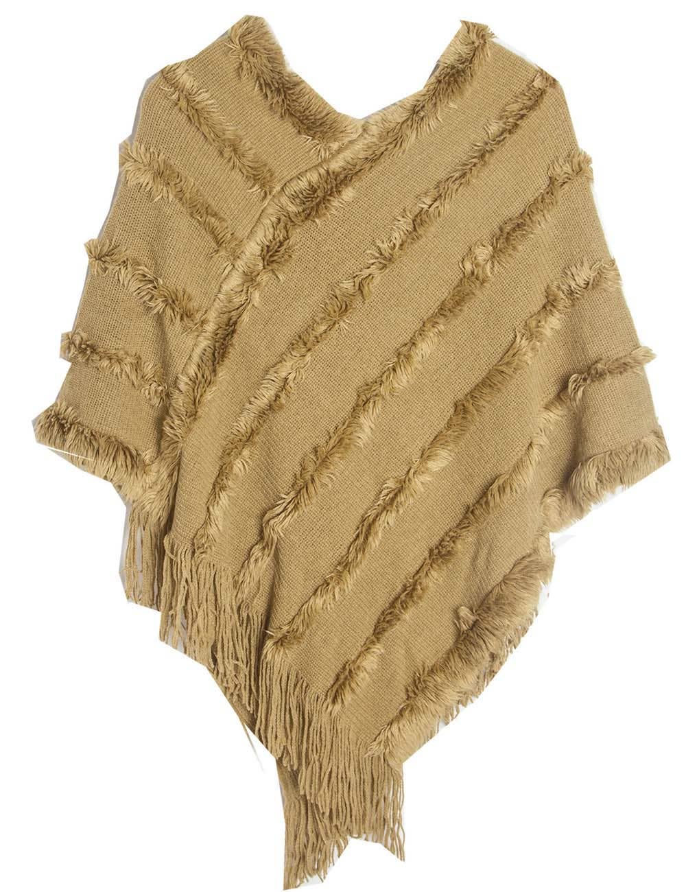 Tassel Trim Shawl with V-Neck and Hood