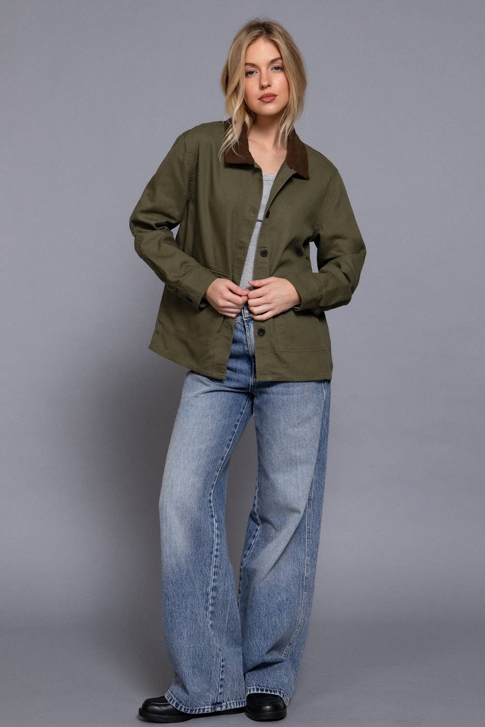 Long Sleeve Corduroy Collar Detail Cotton Twill Work Jacket