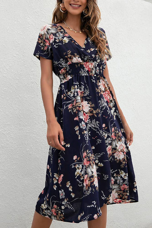 V Neck Smocked Waist Midi Floral Dress (Navy Floral)