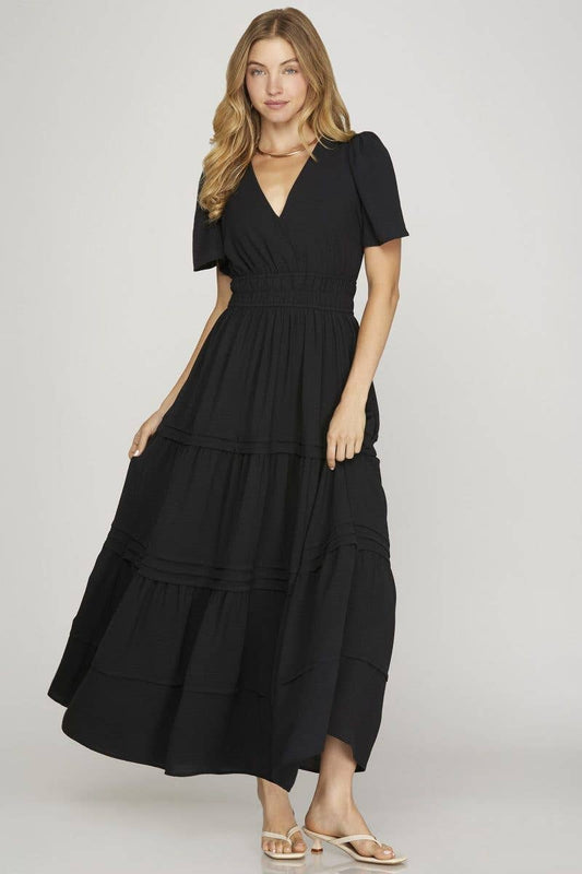 Surplice Pintuck Tiered Woven Maxi Dress