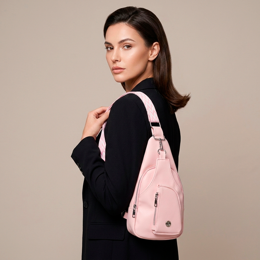 Rose Pink Leather Crossbody Bag Patterned Strap