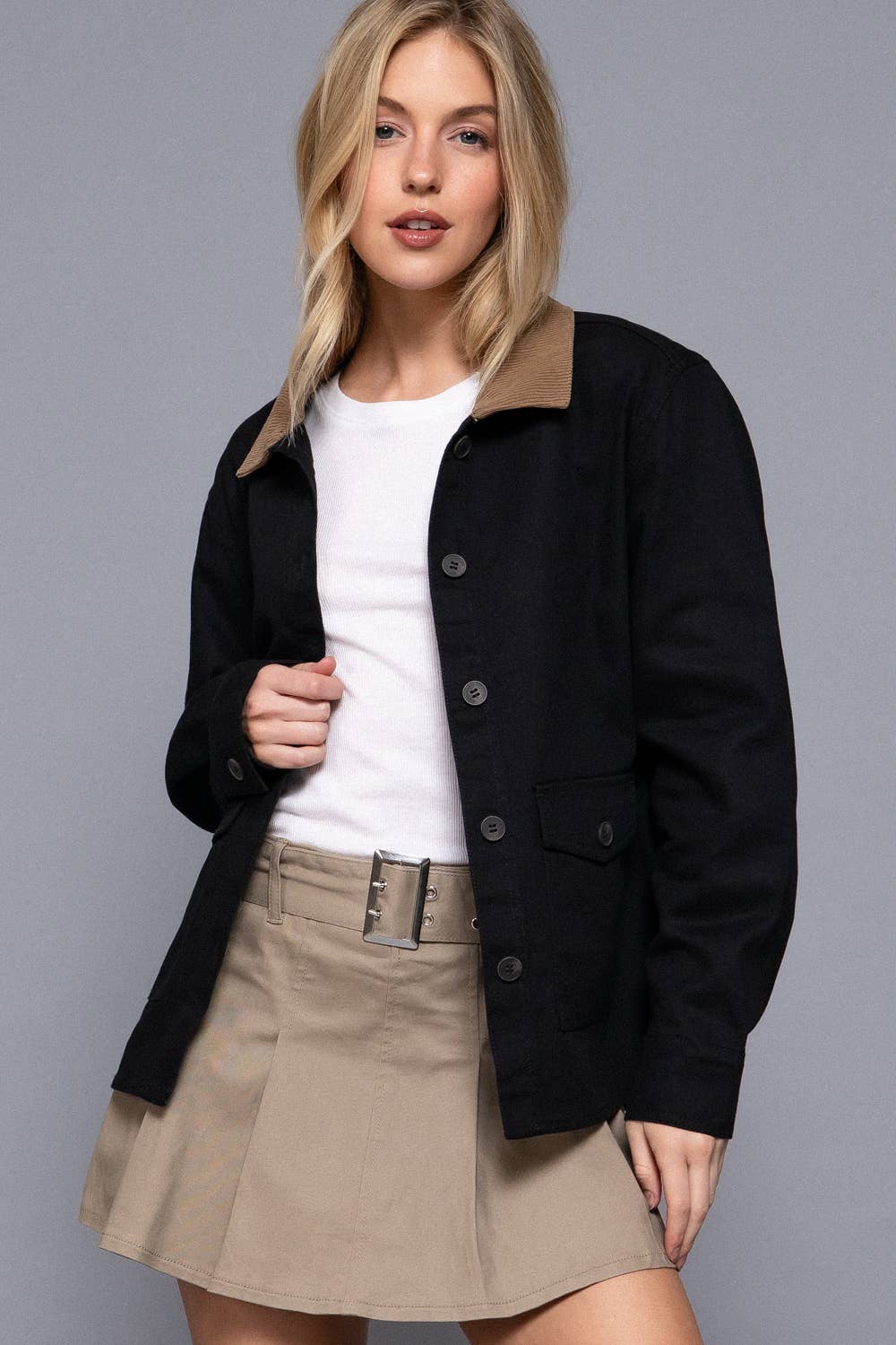 Long Sleeve Corduroy Collar Detail Cotton Twill Work Jacket