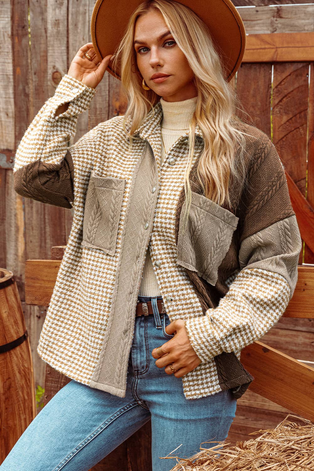 Houndstooth Contrast Texture Patchwork Loose Shacket