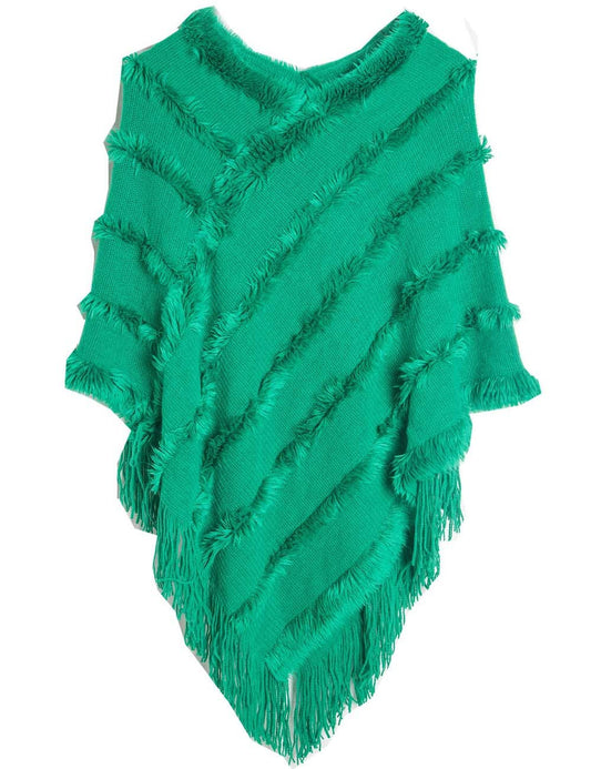 Tassel Trim Shawl with V-Neck and Hood