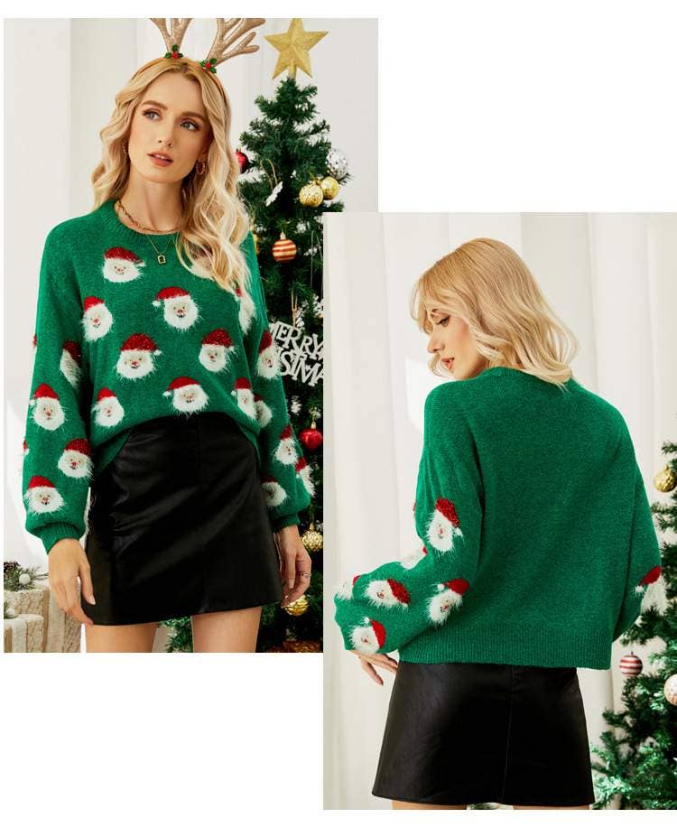 Santa's Head Pattern Crewneck Pullover Sweater