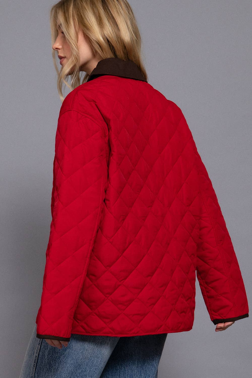Long Sleeve Contrast Lapel Collar Quilted Puffer Work Jacket (red)