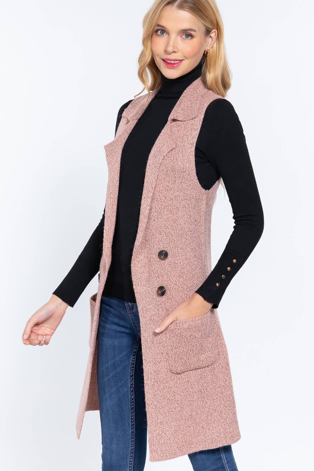 Sleeveless Notched Collar Long Sweater Vest