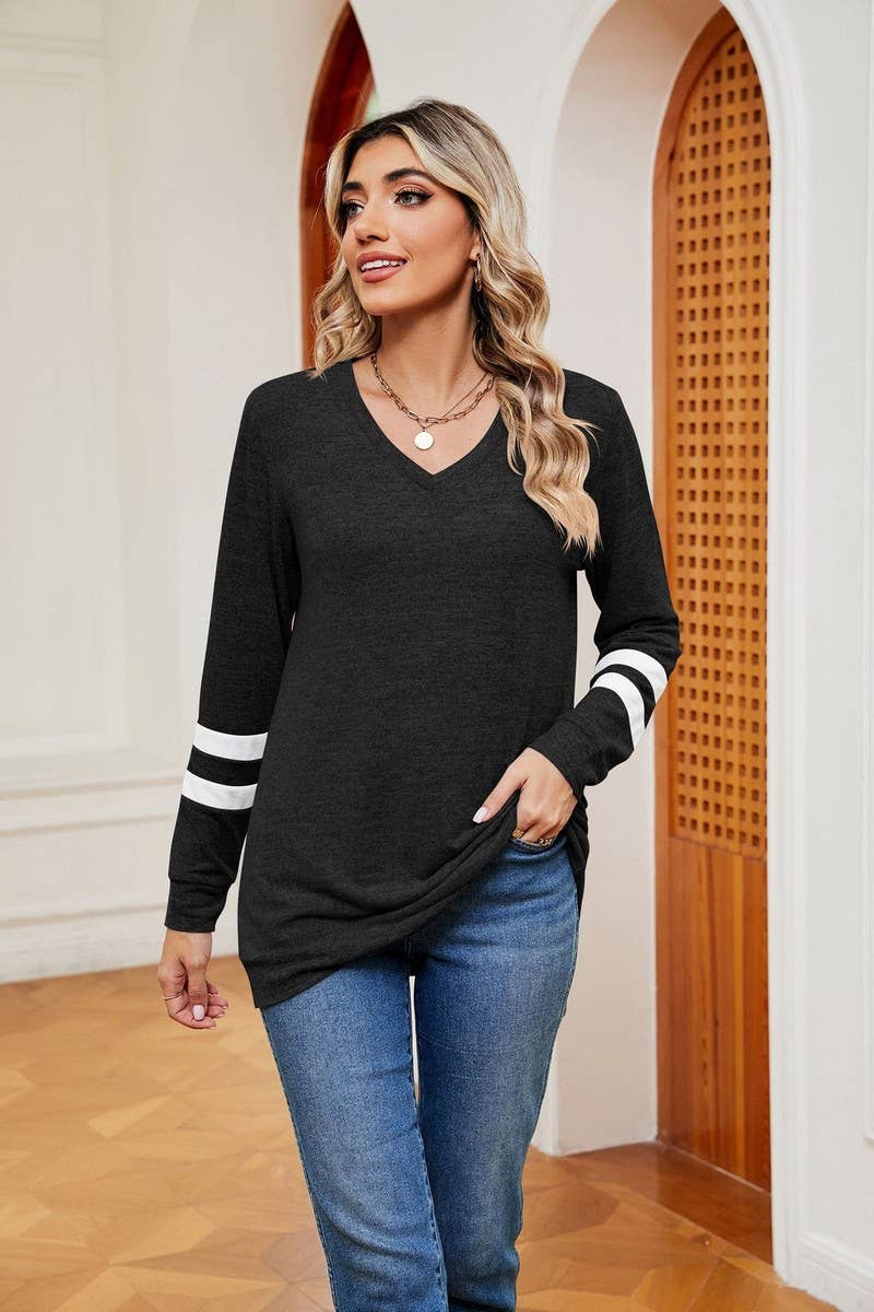 V-Neck Long Sleeved Contrast Color Top