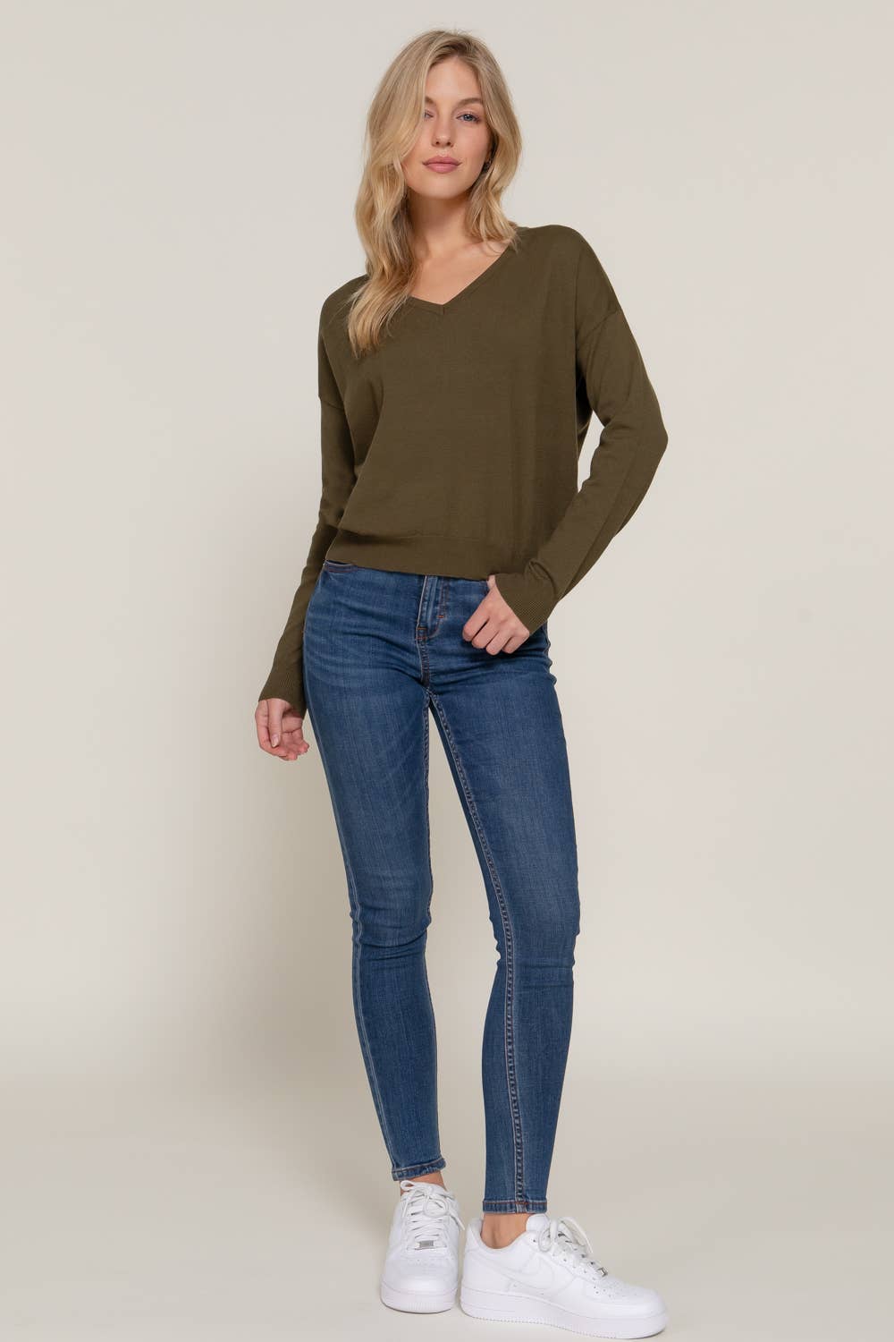 Long Sleeve V-neck Back Cross Strap Sweater