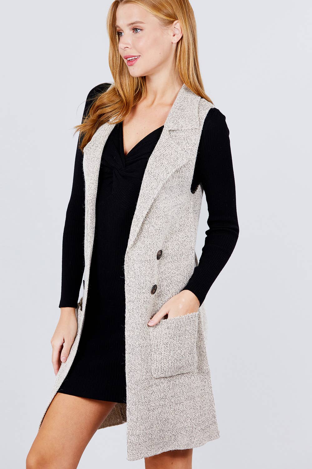 Sleeveless Notched Collar Long Sweater Vest